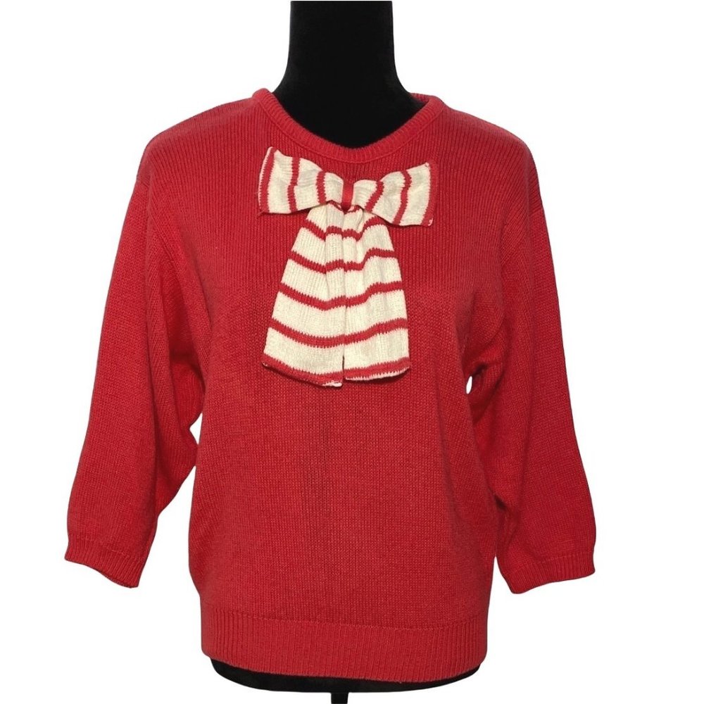Worthington 18 VTG Sweater Coral Pink 3/4 Dolman Sl Stripe Bow Cozy Knit Cute